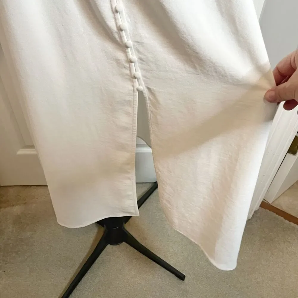 Zara Midi V Neck Button Down Front Smocked Polyester Textured Long Sleeve Dress - Picture 10 of 15